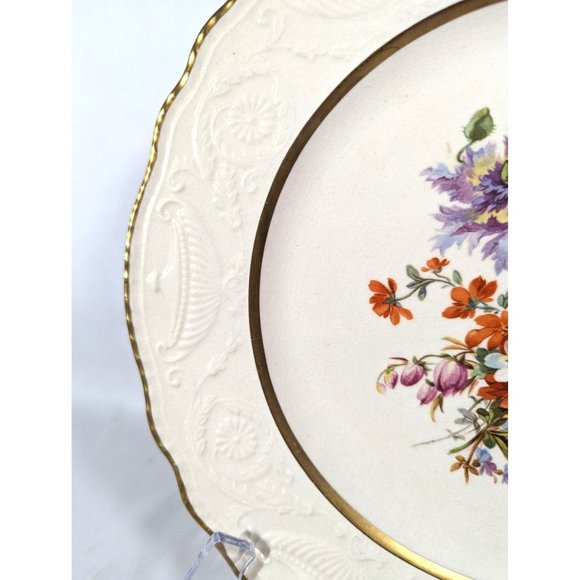 Steubenville Ivory Dinner Plate Spring Floral Embossed 10.5-in Gold Trim Vintage - Picture 4 of 6